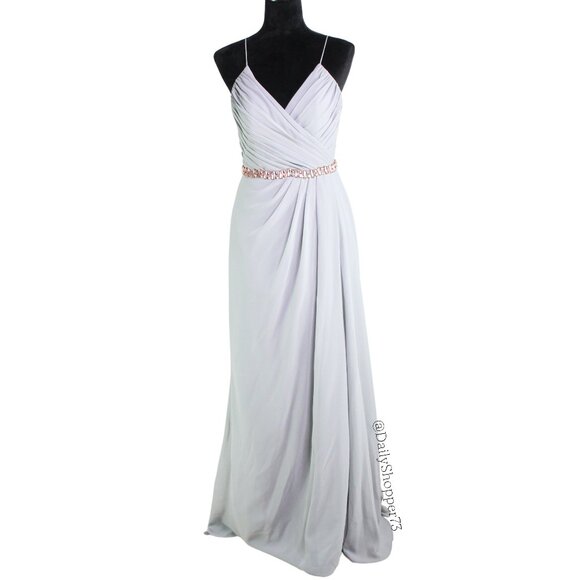 Christina Wu Celebration Women's Platinum Gray Pleated Faux Wrap Chiffon Gown - Picture 1 of 8